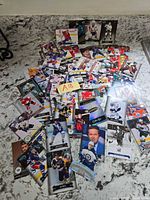 Overhead view of the entire assortment of hockey cards spread out