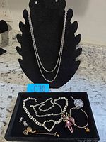 Overview of all jewellery items on tray and chain necklace on stand