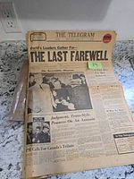 Front page of The Telegram with headline THE LAST FAREWELL