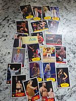 All cards spread on countertop showing fronts and condition