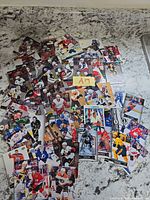 Overhead view of entire spread of hockey cards on countertop
