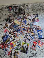 Top view of entire spread of assorted NHL trading cards on countertop