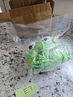 Kermit plush sealed in bag beside shipping box