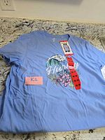 Full view of light blue Hurley t-shirt laid flat showing front graphic and tags