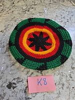 front view of crocheted Rasta beanie showing color pattern