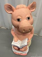 Front view of pig figure reading book on toilet