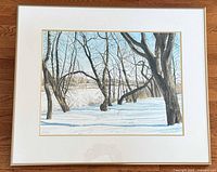 front view of framed winter landscape watercolour