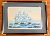 Framed print full view showing artwork, mat, and brass-capped wood frame