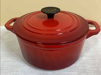 Front view showing Dutch oven with lid in place