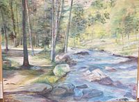 Full view of painting showing forest and river composition