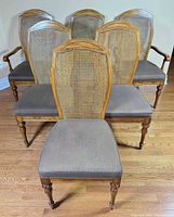 Front view of all six chairs showing caned backs, upholstery, two armchairs