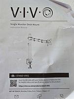 Instruction manual cover showing VIVO Single Monitor Desk Mount SKU STAND-V001