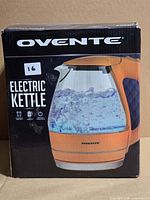Front of box showing Ovente electric kettle image