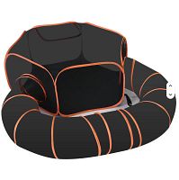 Assembled view showing square tent attached to circular tunnel.