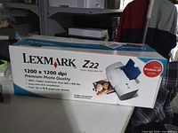 Front of sealed Lexmark Z22 printer box showing model, resolution and image of printer