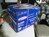 Sealed carton showing Magtec branding, 5x500 sheets, 20 lb, 75 gsm, letter size, 112 brightness