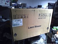 Cardboard box labeled Lawn Mower showing overall package