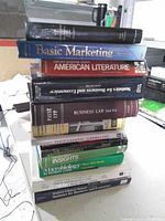 Front view of stacked textbooks showing visible titles