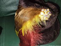 Exterior view showing brown felt, feather cluster, and rhinestone pin