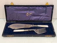 Open case showing fish knife and fork in blue velvet interior
