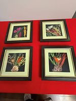 All four framed dried floral collages displayed on red surface