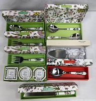 Overview of all boxed Portmeirion Botanic Garden utensils and three ceramic frames