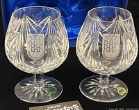 Two Waterford 1988 Dublin crystal snifters in blue satin-lined box with stickers visible