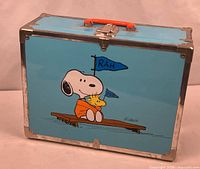 Front view showing Snoopy and Woodstock graphic, metal trim, handle and latch