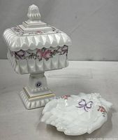 Pedestal bowl with lid and Giving Hands dish side by side