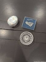 All three items: ceramic trinket box, Sagill brooch, glass ring holder