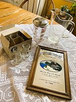 Group shot of entire lot: mirror, shaker, pitcher, boxed liqueur glasses