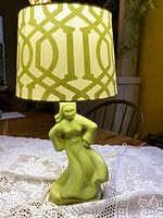 Full view of ceramic lady lamp with shade