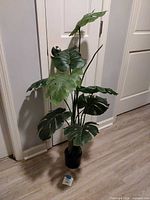 Full view of artificial monstera plant near door, showing leaves and pot