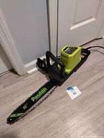 Full view of Poulan ES300 chainsaw showing body, bar, and chain