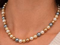 Necklace worn on model showing color arrangement and fit