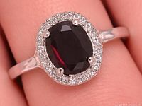 Front view of silver garnet ring on finger