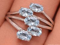 Front view of silver ring with five blue topaz stones