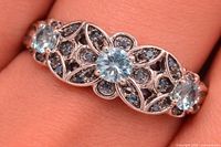 close-up of sterling silver ring with London blue topaz stones showing full design and gemstone detail