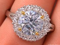 Front view of silver halo ring on finger