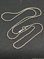 Full view of twisted silver rope necklace laid out to show length and clasp