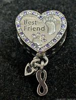 Front view showing inscription, footprint, pawprint, purple stone border