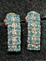 Front view showing both earrings with blue stones