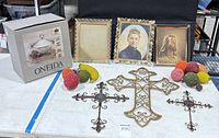 Group shot showing server box, three picture frames, three wall crosses, faux fruit