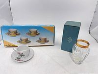 Lenox vase, boxed coffee cup set, floral cup & saucer overall view