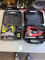 Ryobi cordless drill kit and Black & Decker jigsaw side by side in their cases