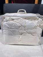 Comforter folded inside clear zippered storage bag