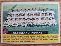 Front of 1956 Topps Cleveland Indians team card showing team photo and roster text