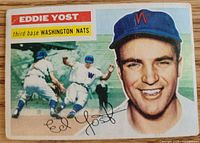 Front of 1956 Topps Eddie Yost #128 card showing player portrait and action image