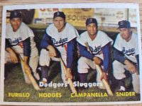 Front of 1957 Topps Dodgers' Sluggers card showing Furillo, Hodges, Campanella, Snider