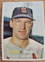 Front view of 1957 Topps Eddie Kasko card showing player image, text, and visible crease